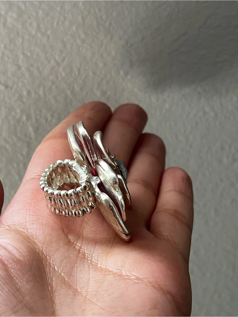 Pink & Peach Enamel Flower Ring with Crystal Center